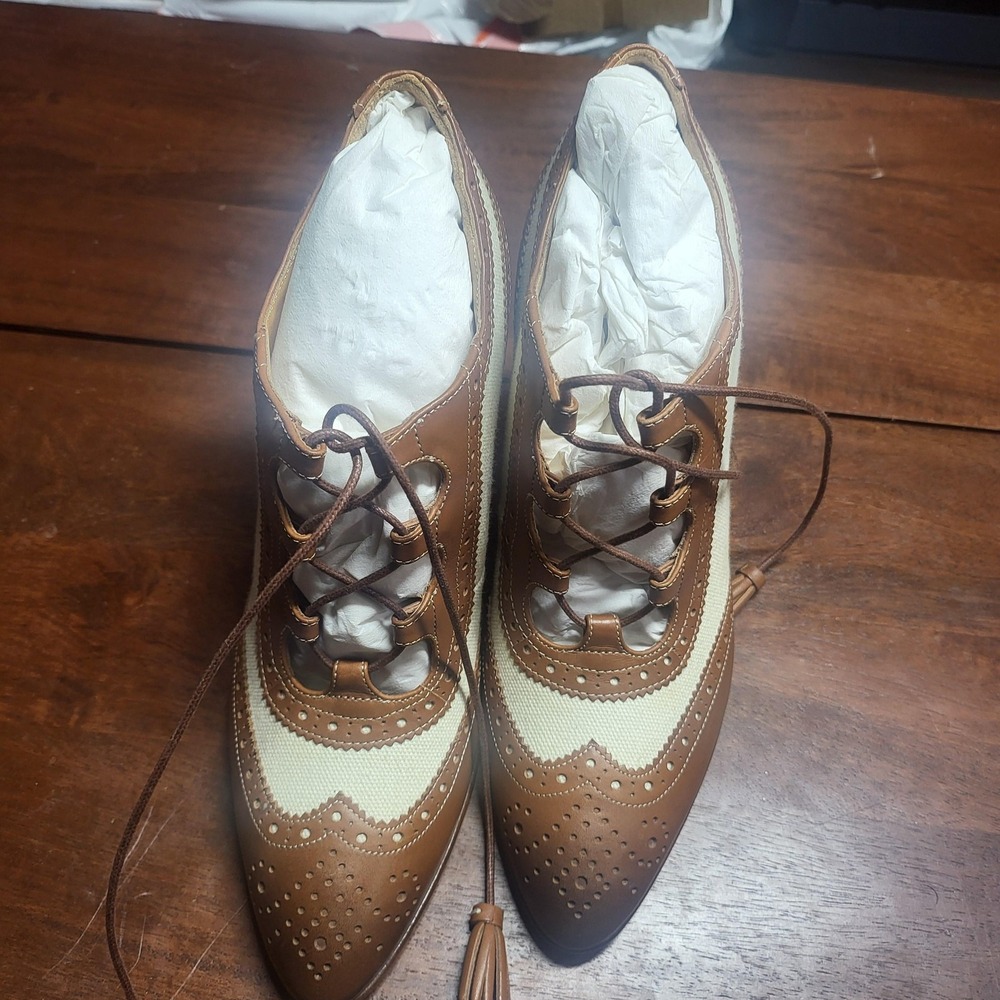 Ralph Lauren Purple Label Heels W 7 Brown Leather Lace Up Wingtip Pump Italy